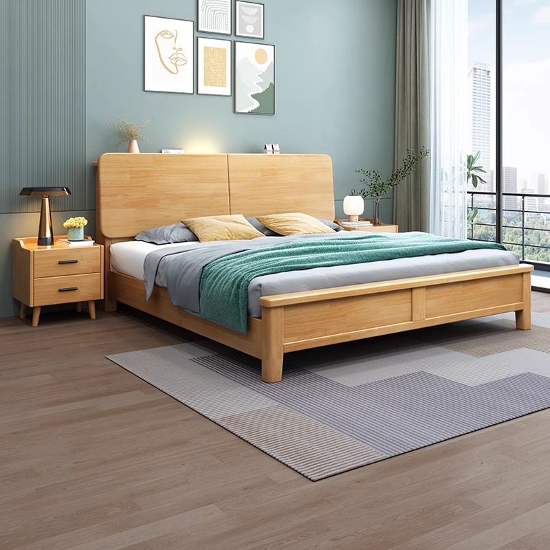 Cama de madera sólida nórdica de 1,5 m cabezal de cama de cabecera de cama de almacenamiento de 1,8 m dormitorio cama doble pequeña cama de alquiler