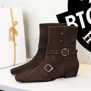 8628-1 Western Short Boots Retro Square Head Belt Buckle Thick Heel Suede Folding Two Wear Thin Single Boots Middle Boot
