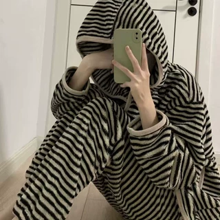 条纹ins风睡衣女秋冬季保暖加厚珊瑚绒连帽两件套美少女家居服