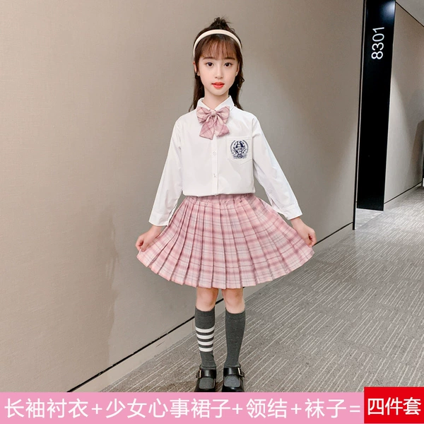 Girls' Thoughts Spring and Autumn (long-sleeved shirt + skirt + bow tie + socks)