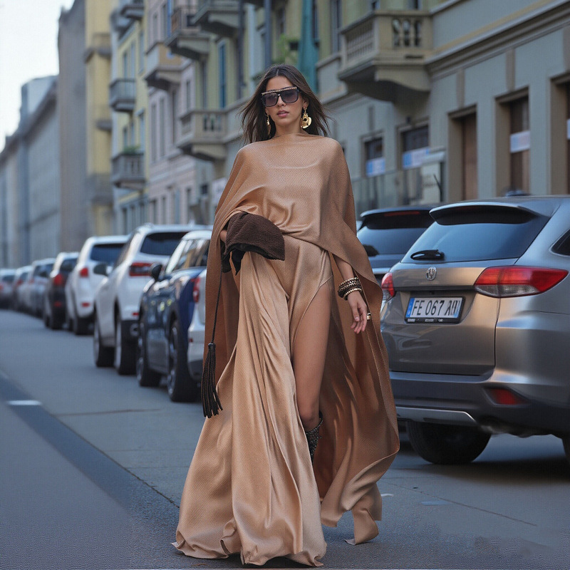 Champagne-Colored Silk Satin Slit Floor-Length Gown with Scarf and Shawl, 2026 Summer New Women's Dress Champagne-Colored Silk Satin Slit Floor-Length Gown with Scarf and Shawl, 2026 Summer New Women's Dress