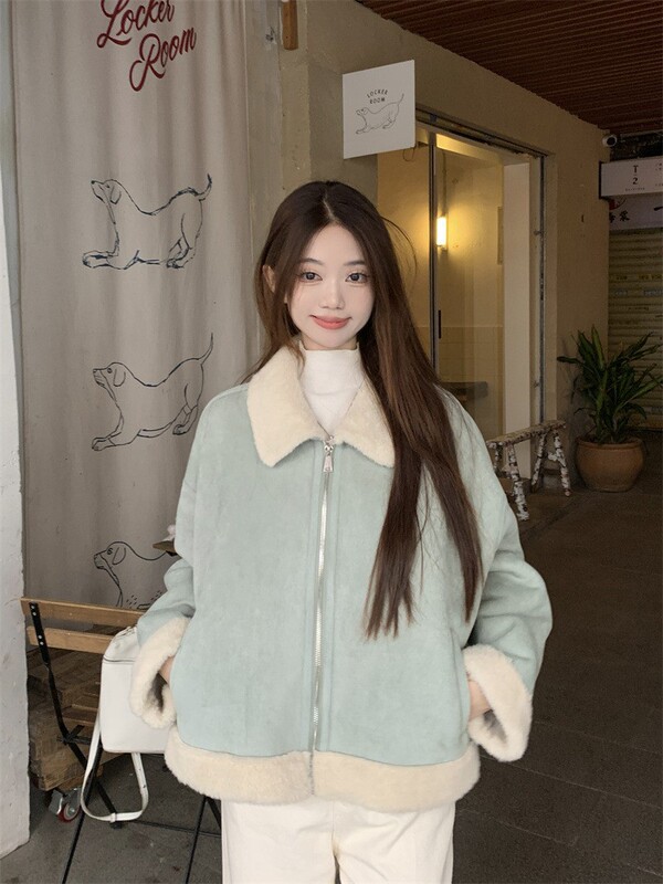 蓝色皮毛一体羊羔毛外套女冬季韩系甜酷炸街小个子短款麂皮绒棉服|undefined