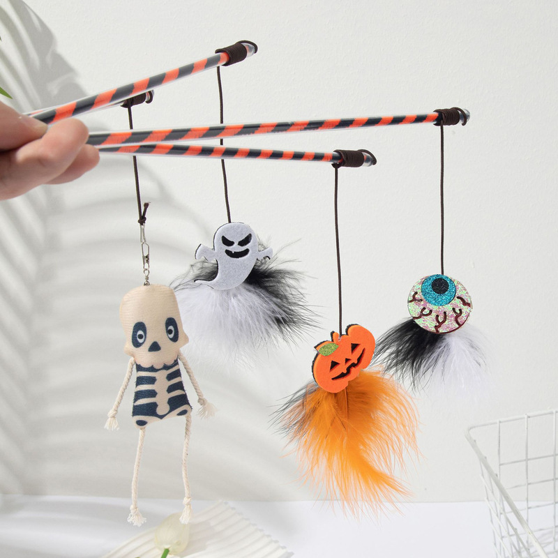 Cross-border new Halloween cat toy New funny cat stick pumpkin ghost feather Bell plastic cat toy manufacturer Cross-border new Halloween cat toy New funny cat stick pumpkin ghost feather Bell plastic cat toy manufacturer