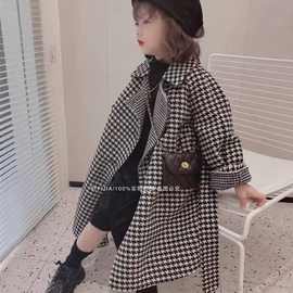 女童韩版尼子大衣春秋中长款毛呢外套加厚时尚网红千鸟格翻领大衣