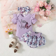 婴儿时尚夏季跨境短袖上衣印花英文短裙蝴蝶印花儿童女童衣服套装