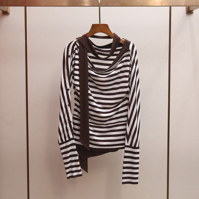 Shenzhen Nanyou High-End Women's Clothing Spring New Vintage Striped Off-Shoulder Ribbon Irregular T-Shirt Knit Top for Women