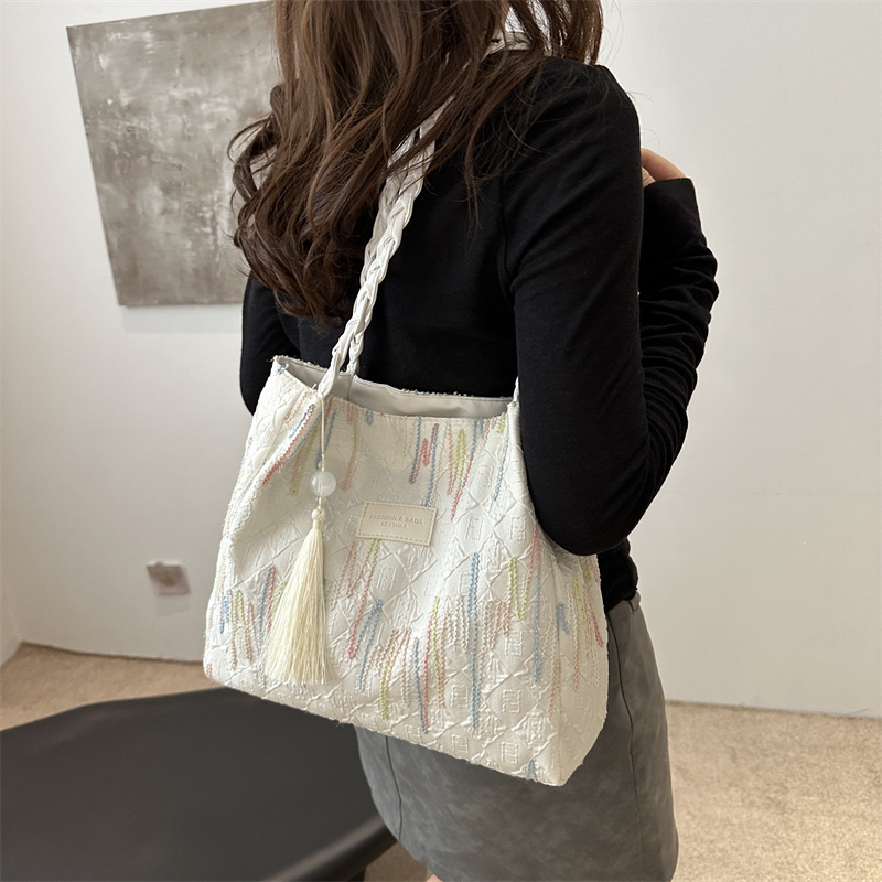 Bolsa de lona bordada a rayas de gran capacidad para mujeres 2024, nueva bolsa de hombro para estudiantes universitarios de clase