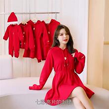 亲子装秋冬新款 加绒刺绣长袖红色棉卫衣气质修身红色母女 连衣裙