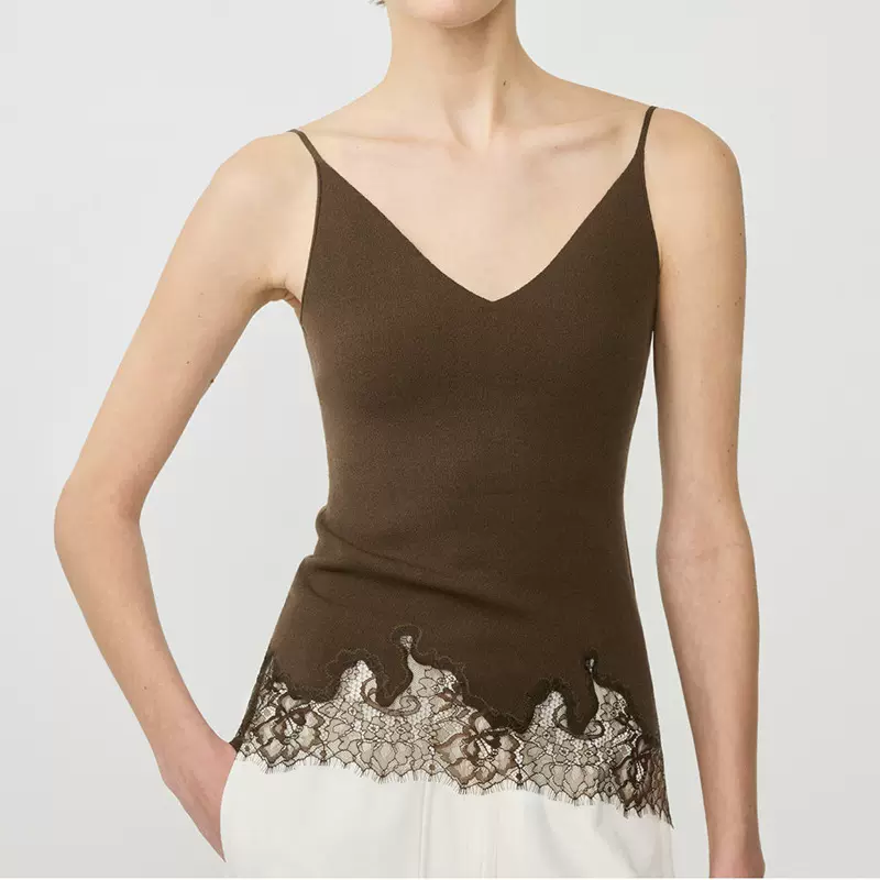 现货髦强推 轻盈舒弹真丝棉極简ROW百搭深V领蕾丝拼接针织吊带