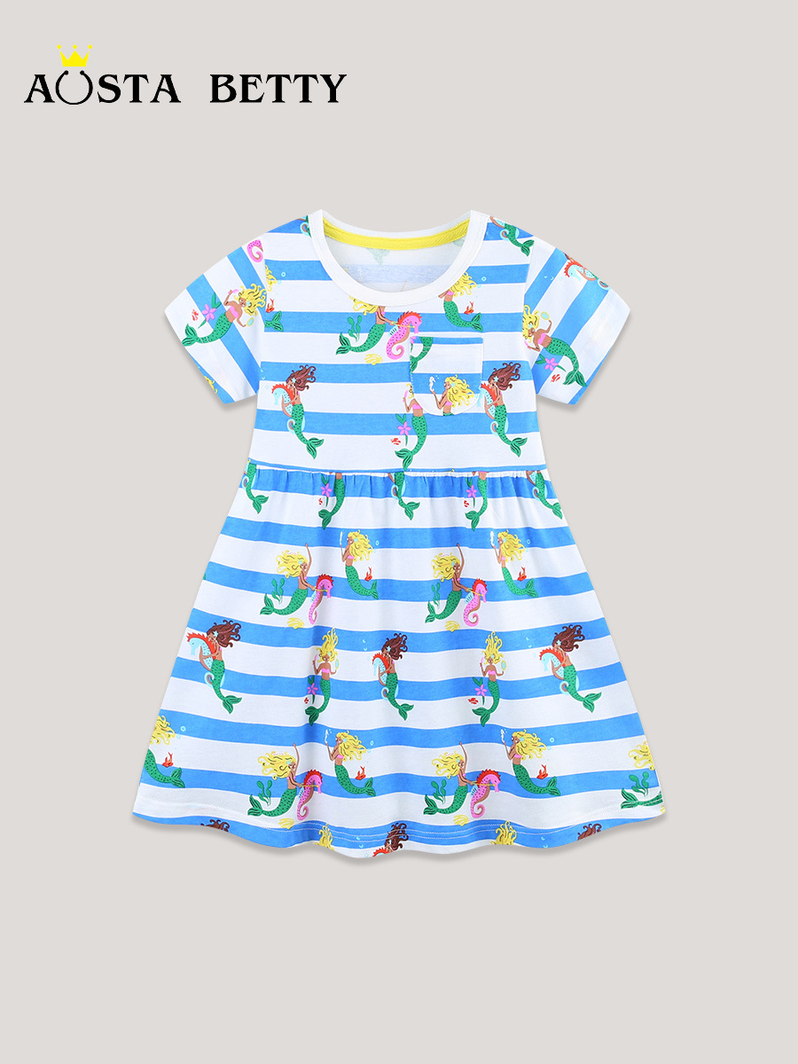 Verano nuevo vestido de niñas estilo europeo y americano estriado vestido de princesa de algodón de punto de cuello redondo vestido de manga corta image 3