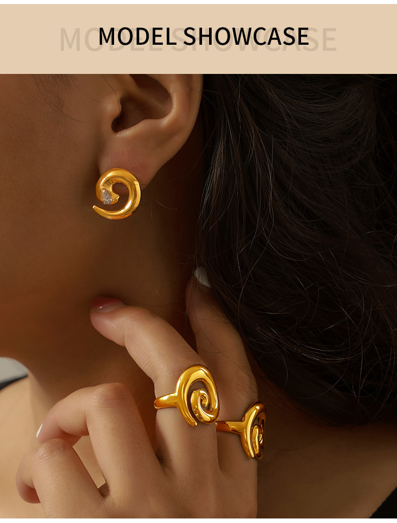 Titanium Steel 18K Gold Plated Casual Simple Style Spiral Stripe Zircon Rings Earrings display picture 2