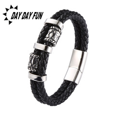 New European and American Cross-border Stainless Steel Clasp Bracelet for Men, Leather Rope Braided, Leather Bangle and Ring