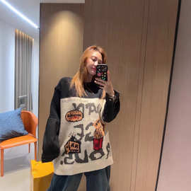现货韩国2025年春季新款女装牛仔拼接针织衫宽松盖臀休闲套头毛衣