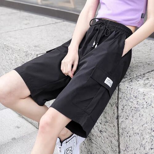 Women's Summer Thin Ice Silk High-Waisted Loose Sports Casual Black Student Workwear Knee-Length Five-Finger Pants for Girls and Boys