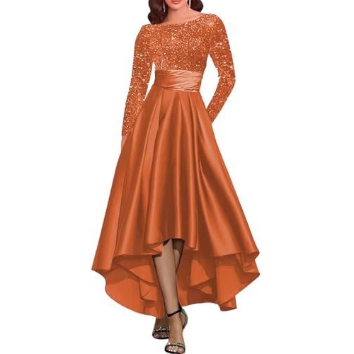 European and American Elegant Sequined Waist High-End Dress Elegant High-Low Satin Formal Evening Dress Banquet Long-Sleeved Dress