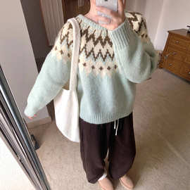 费尔岛圆领套头毛衣女秋冬韩系新款慵懒风高级感厚款宽松针织上衣