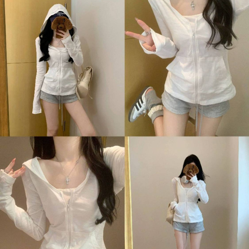 Miu White Hooded Zipper Sun Protection Thin Cardigan Women's Spring 2026 New Versatile Long-Sleeved T-Shirt Top Korean