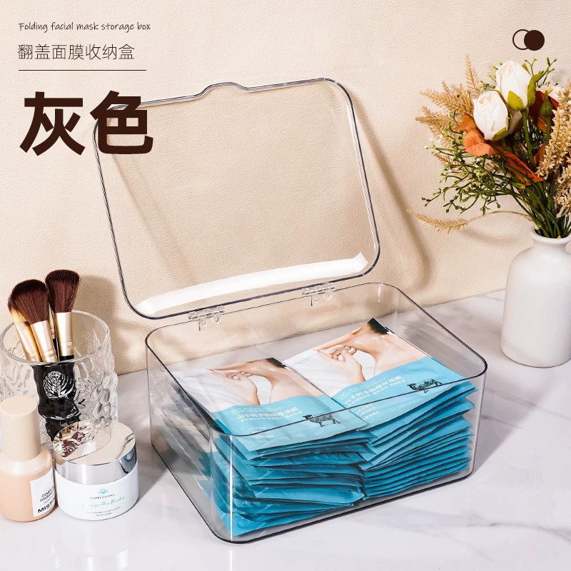 Acrylic Face Mask Storage Box, Transparent/Gray, Small & Large — Foldable Lid, Compact Organizer