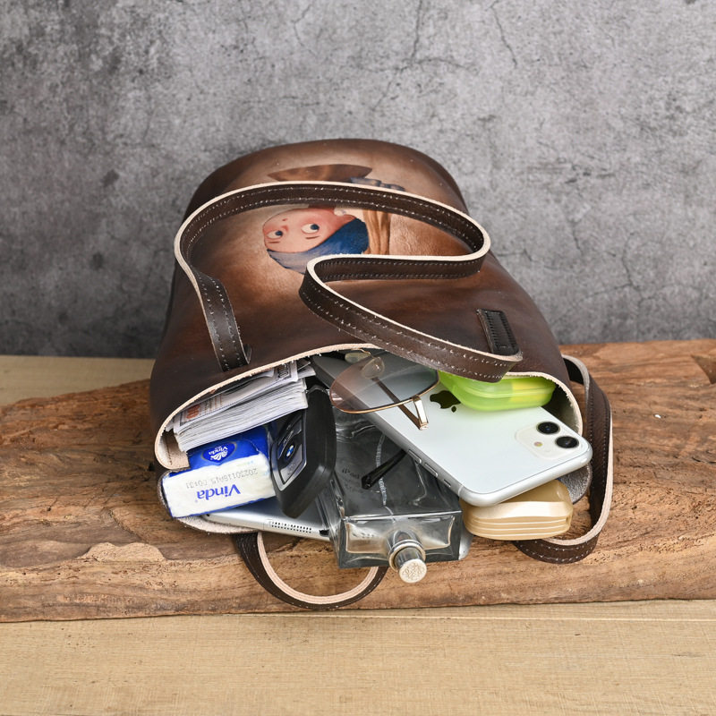 Túi bucket da bò vẽ tay phong cách cổ điển, quai đeo vai — Vàng cổ điển, Nâu cổ điển, Xám cổ điển, Màu trắng be