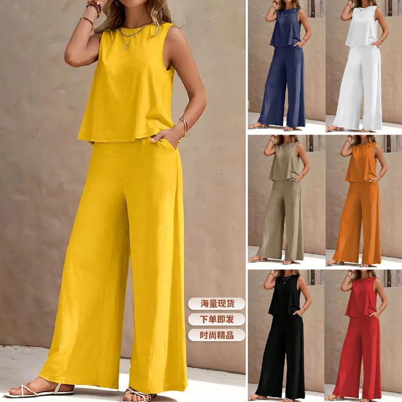 2026 Amazon European and American Cross-Border Hot-Selling Solid Color Elegant Two-Piece Set with Round Neck Tank Top and Wide-Leg Pants Women's Outfit
