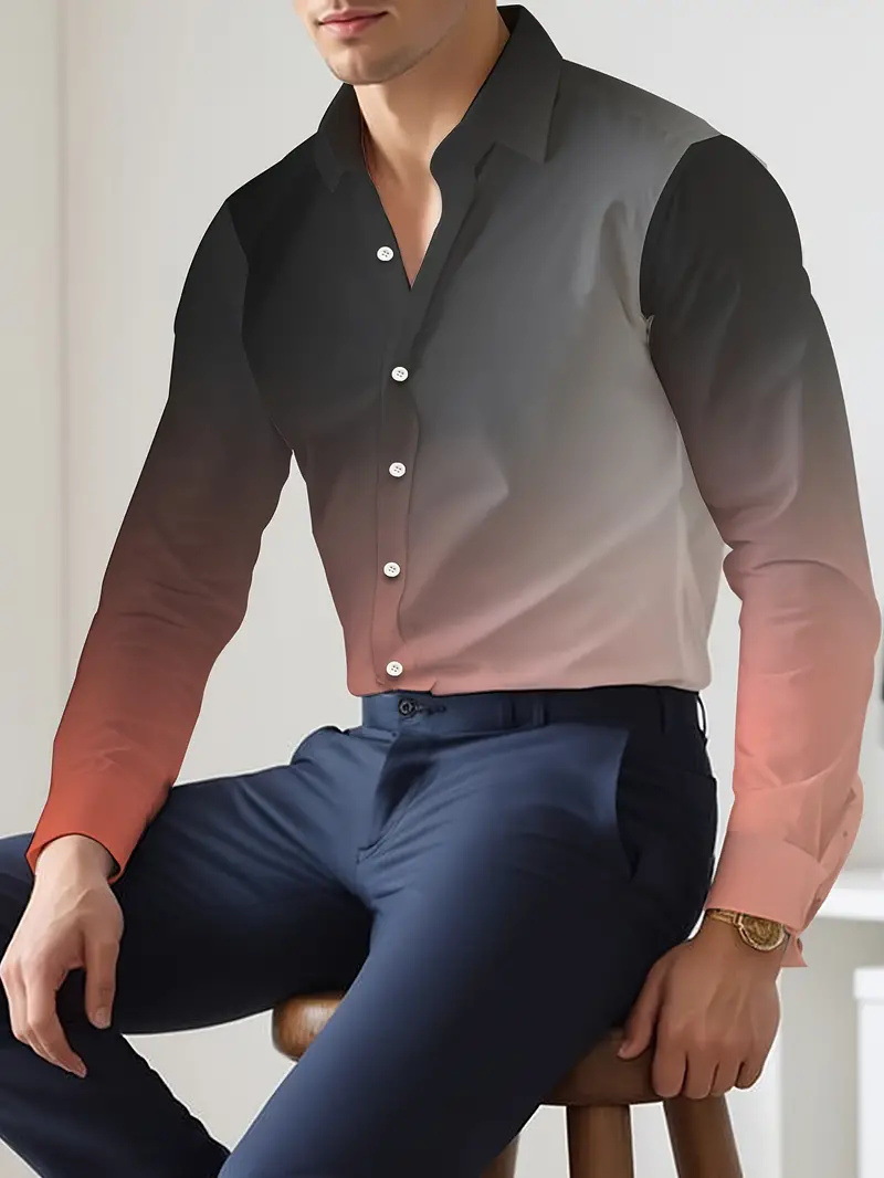 Hombres europeos y americanos 2024 nueva moda suelta degradada camisa de manga larga top se puede usar afuera MB12