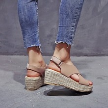 大码坡跟凉鞋女wish亚马逊欧美草编麻绳露趾罗马鞋交叉鱼嘴女厚底