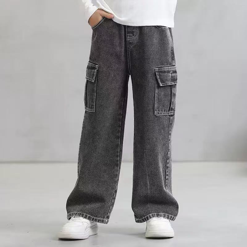 女の子のワークジーンズ春と秋の新しい工場子供服卸売中型および大型子供用ストレートレッグルーズワイドレッグ子供用ズボン|undefined