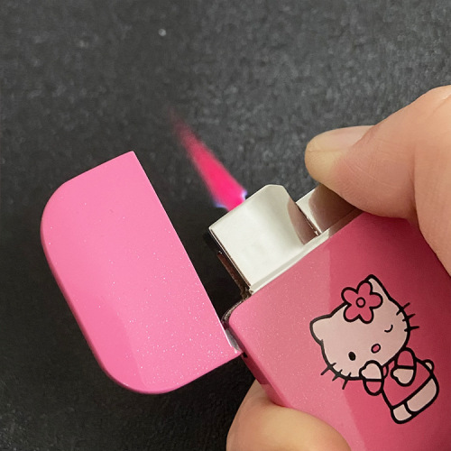 Pink Hello Kitty cartoon girl pink flame metal inflatable windproof lighter ultra-thin cross-border