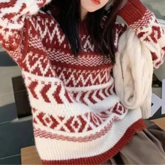 Autumn/Winter Red Christmas Chic Petite Women's Retro Loose Outerwear Lazy Style Knit Top