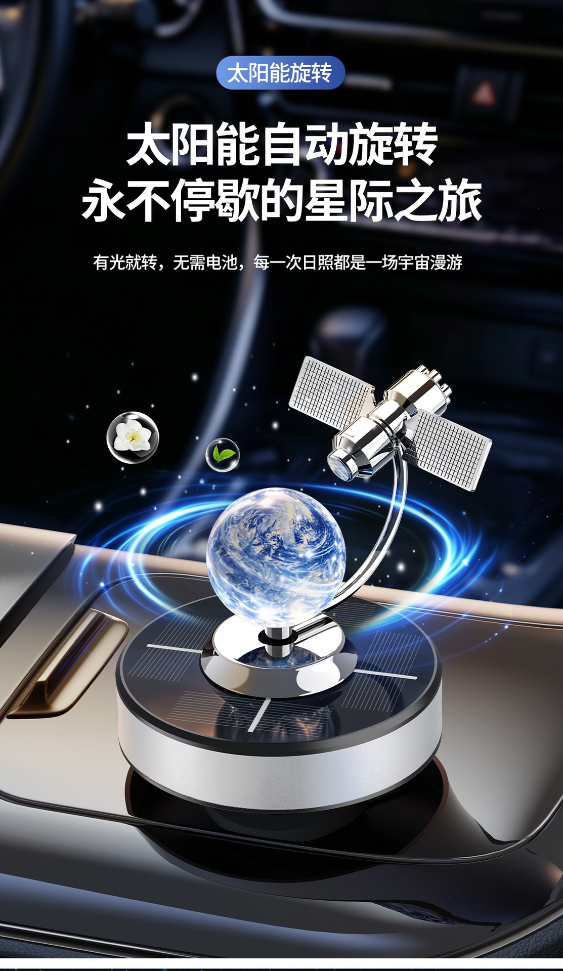 2026 New Cross-Border Solar-Powered Car Air Freshener with Rotating Satellite Earth Design, Car Interior Perfume Ornament Decorative Item