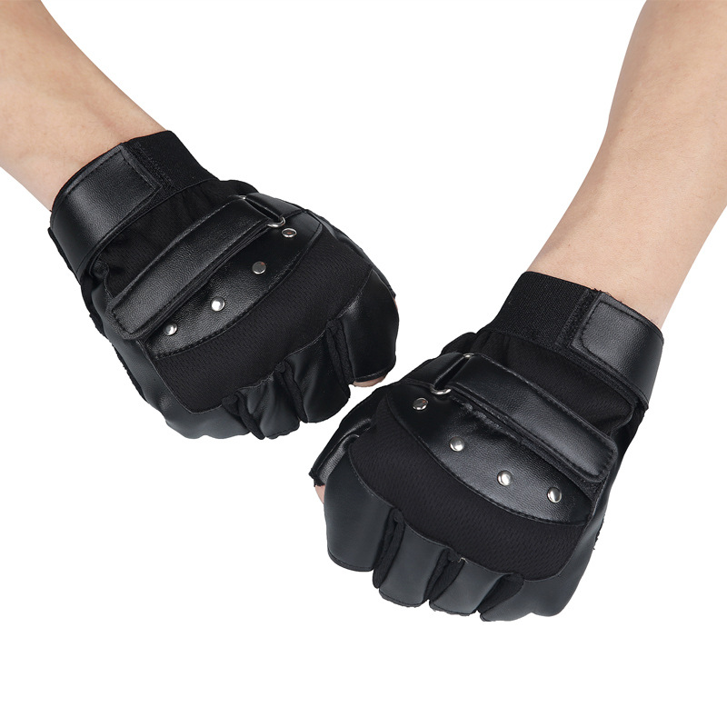 Guantes de piel de oveja medio dedo deportes de los hombres antideslizante fitness táctico al aire libre remache dedo abierto montar motocicleta medio dedo guantes