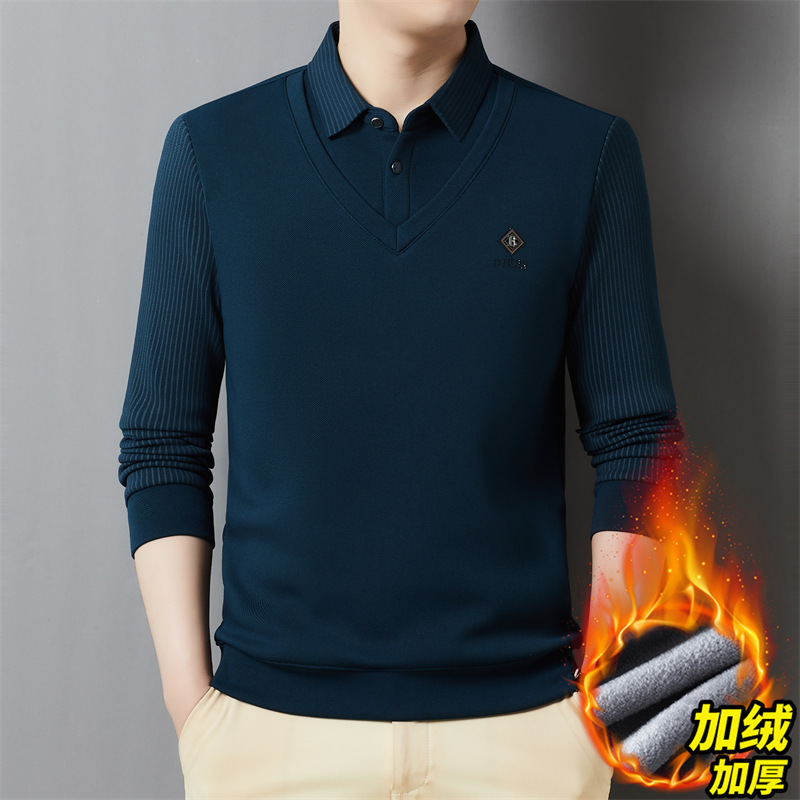 男士Polo衫加绒加厚秋冬新款时尚休闲保暖翻领假两件条纹长袖上衣|undefined