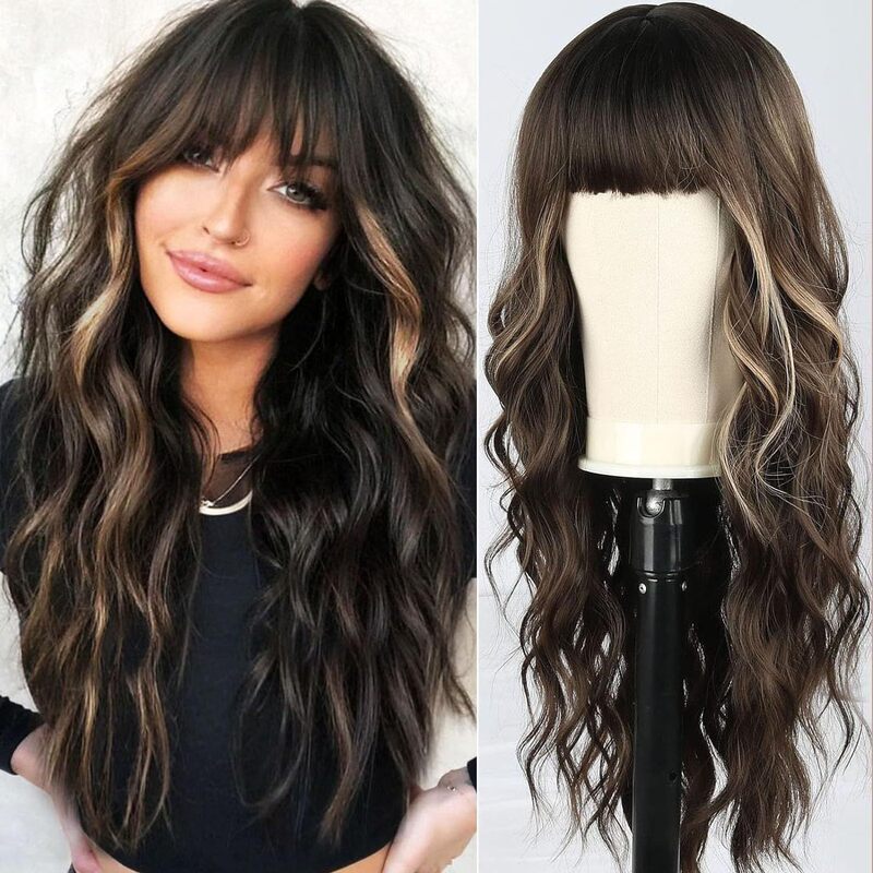 Wig European and American Popular Wig Natural Artificial Scalp Dyed Black Brown Long Hair with Bangs Chemical Fiber Headgear Wig European and American Popular Wig Natural Artificial Scalp Dyed Black Brown Long Hair with Bangs Chemical Fiber Headgear