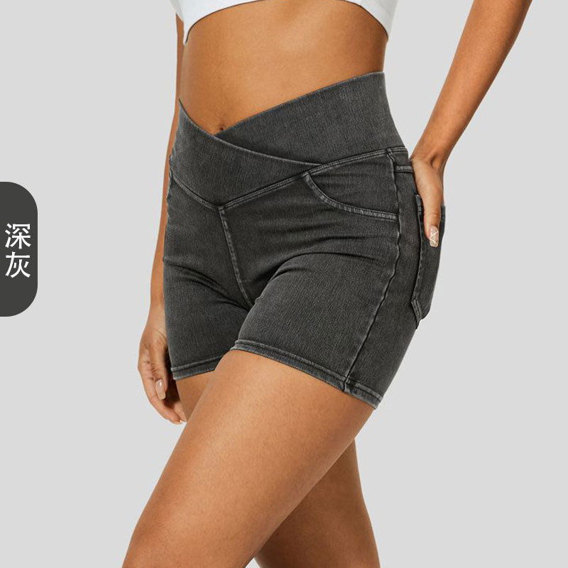 Cross-border jeans de cintura alta, pantalones cortos de yoga para mujeres, pantalones deportivos de doble bolsillo para el adelgazamiento.