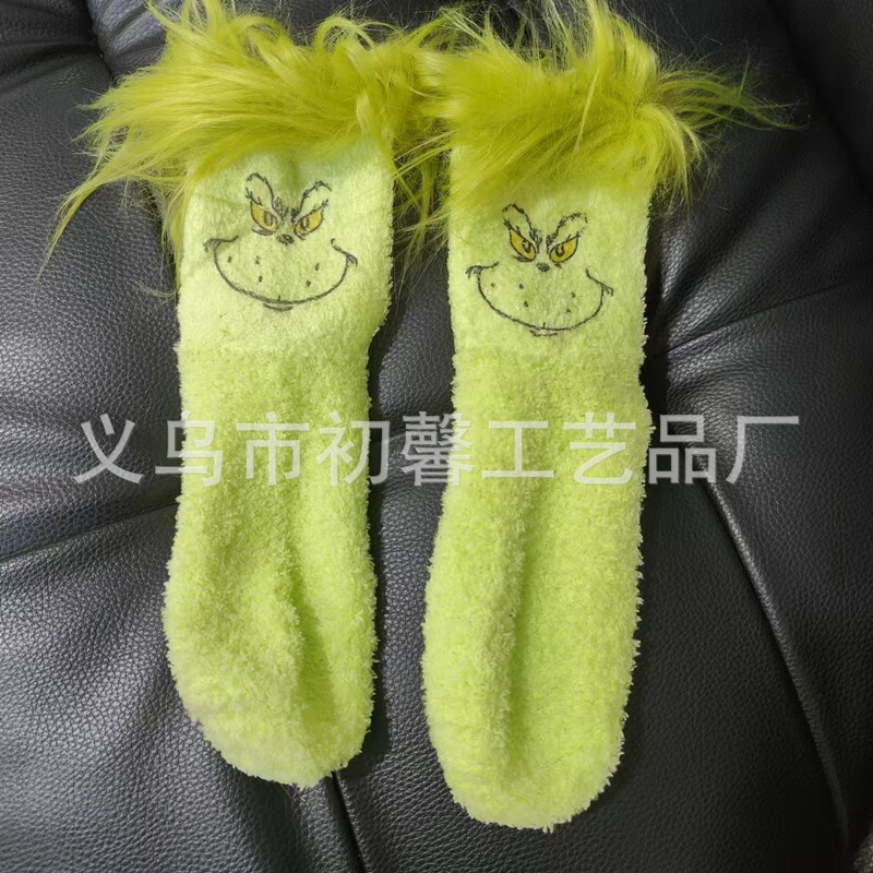 Cross-Border Best-Selling Product Grinch Smiley Face Socks Green Furry Plush Coral Velvet Socks Warm Cartoon Christmas Gift Cross-Border Best-Selling Product Grinch Smiley Face Socks Green Furry Plush Coral Velvet Socks Warm Cartoon Christmas Gift