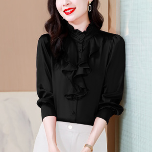 Ruffled Stand Collar Imitation Silk Shirt Women's Long-Sleeved 2025 Early Spring New Fashion Style Small Shirt Mulberry Silk Top