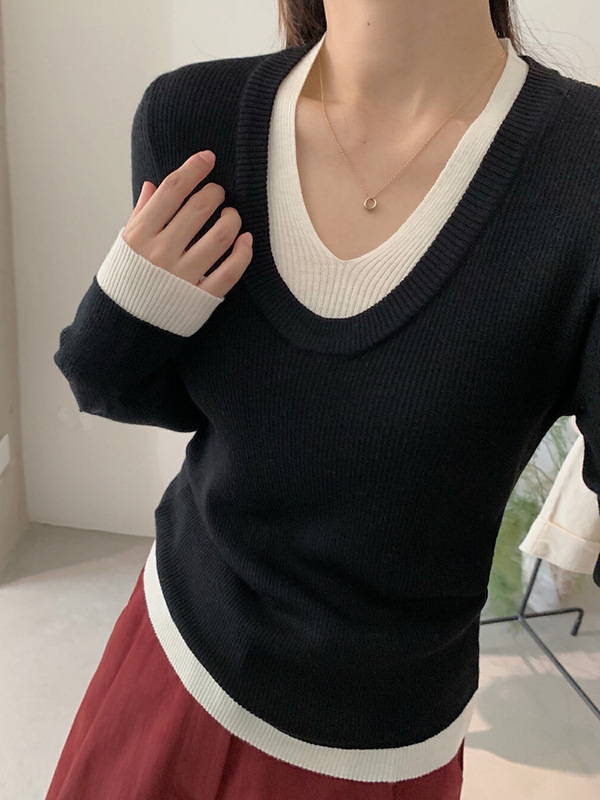 跨境批发东南亚秋冬v领假两件软糯长袖针织衫女修身内搭打底上衣|undefined