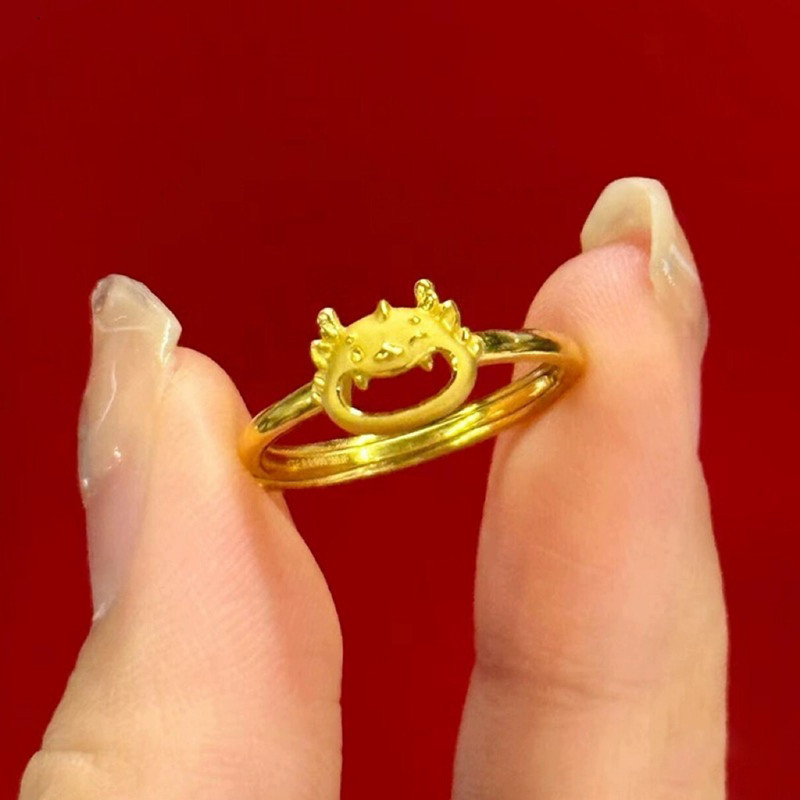 Bague du zodiaque de l'année du dragon d'or du Vietnam, anneau ouvert de dessin animé, douze années du zodiaque, année du zodiaque, bague de bouche de dragon assortie_voghion.com