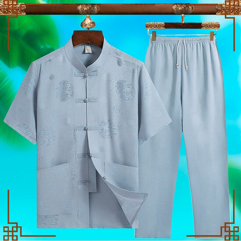 Летний костюм 2025 года, новый костюм Тан, простой, короткий рукав, брюки, двухкомпонентный, ретро, крупная вышивка пуговицами, этническая одежда