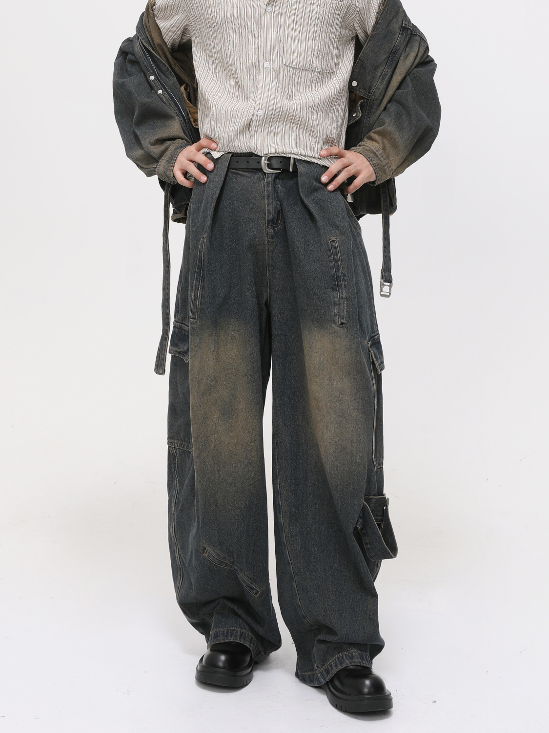 MTLCLOTHES Hombres| Calle retro hacer viejos bolsillos pesados sueltos versátiles moda vaquero conjunto de moda moda