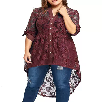 2020 large Euro American V-neck high waist front short back long Lace Crochet shirt dress - ShopShipShake