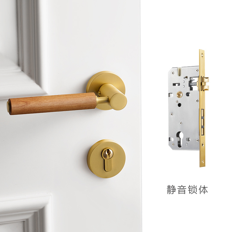 Cerradura de Puerta Interior de Latón para el Hogar, Suministro Directo de Fábrica, Totalmente en Cobre, Estilo Francés, Silenciosa, Magnética, Retro, con Manija de Madera de Cerezo para Dormitorio