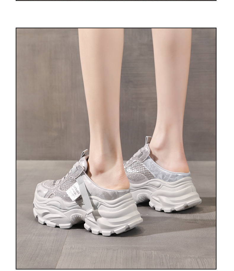 Giày sneaker nữ đế dày lưới thoáng khí mũi trùm đính đá phong cách giày bố — màu trắng ngà, bạc chi tiết 13