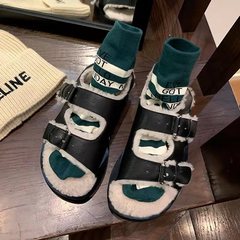 葡萄媽 2021年新款秋冬季一字扣保暖外穿時尚百搭平底毛毛涼鞋女
