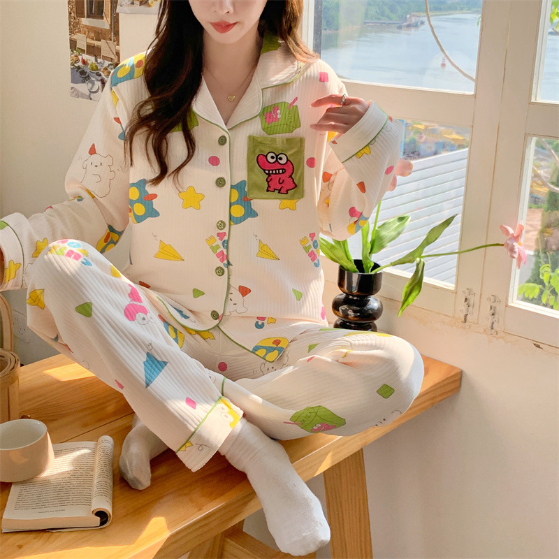 Pijama de otoño de manga larga de aire de algodón intercalado ropa de lactancia antes del embarazo ajustable set de ropa doméstica prenatal y postparto