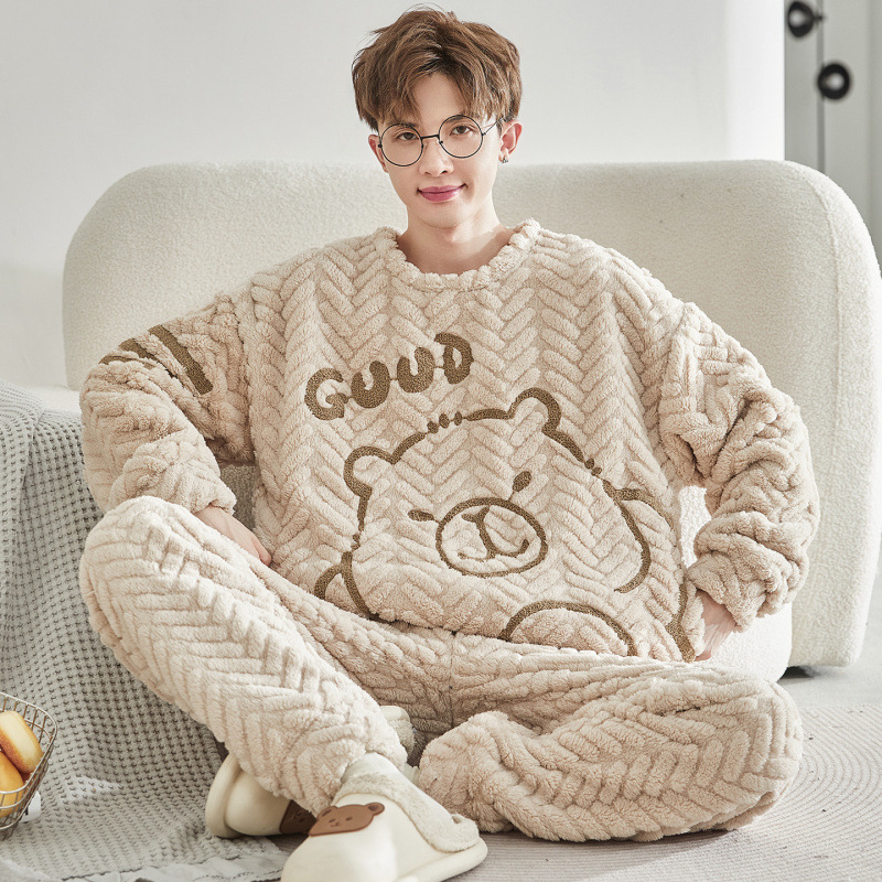 2025 Youth New Pajamas Men's Winter Thickened Long Sleeve Suit Cute Cartoon Flannel Winter Home Clothes