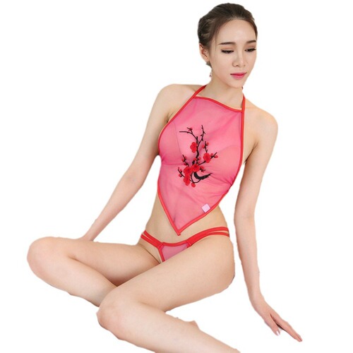 Sexy lingerie temptation plum blossom classical apron transparent embroidery flower see-through glass yarn suit couple uniform