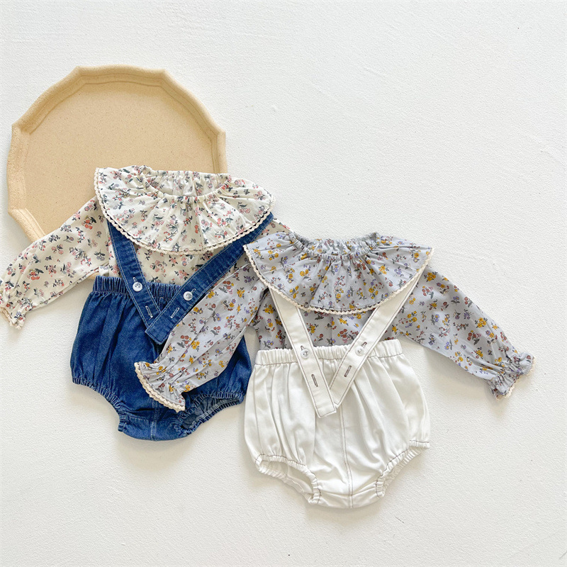 Primavera y otoño bebé niña pequeña camisa de solapa superior floral estilo japonés y coreano simple dulce manga larga Camiseta estilo occidental