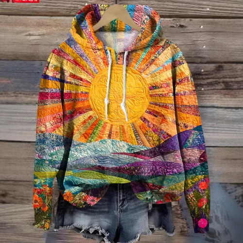 2025 Amazon Cross-border Bestselling 3D Digital Printing Sun Pattern Multicolor Men's Hoodie Graffiti Style Bright Color