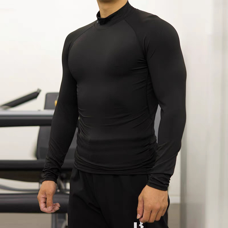 Sports Leisure Collar T-shirt Men's Long Sleeve Autumn and Winter All-match Slim-fit High Collar Base Shirt Outdoor Fitness Training Clothes